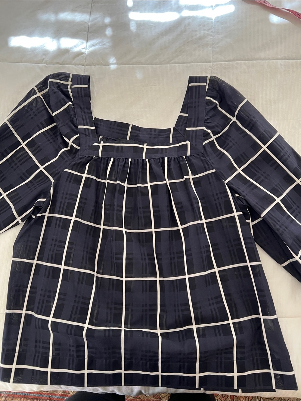 J. Crew Navy and White Windowpane Square-Neck Blouse- slightly sheer
